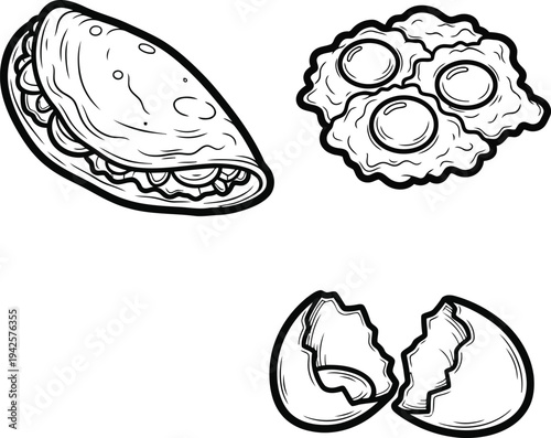 Breakfast Food Collection: Taco Fried Eggs Egg Shell Vector