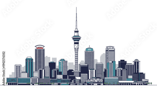 Illustration of Auckland city skyline with Sky Tower standing tall among modern buildings in a gray and blue color palette against a white background.