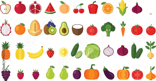 Colorful Fruits and Vegetables Icon Set Featuring Apple, Banana, Orange, Tomato, Carrot, Broccoli, Corn and Fresh Healthy Food Collection