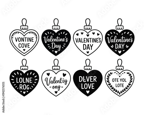 A collection of black and white Valentine's Day heart ornaments with various designs and text
