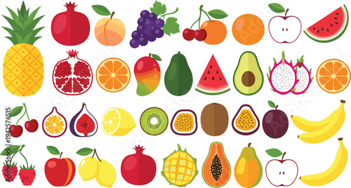 Colorful Tropical and Fresh Fruit Icon Set Featuring Pineapple, Watermelon, Orange, Banana, Avocado, Dragon Fruit, Apple, Lemon, Mango, and Berry Vector Collection