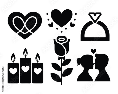 A collection of black and white Valentine's Day icons featuring hearts, candles, and romantic symbols.