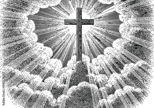 Cross in Clouds with Light Rays Vector Illustration
