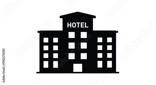 Simple black silhouette of a hotel building with the word hotel displayed