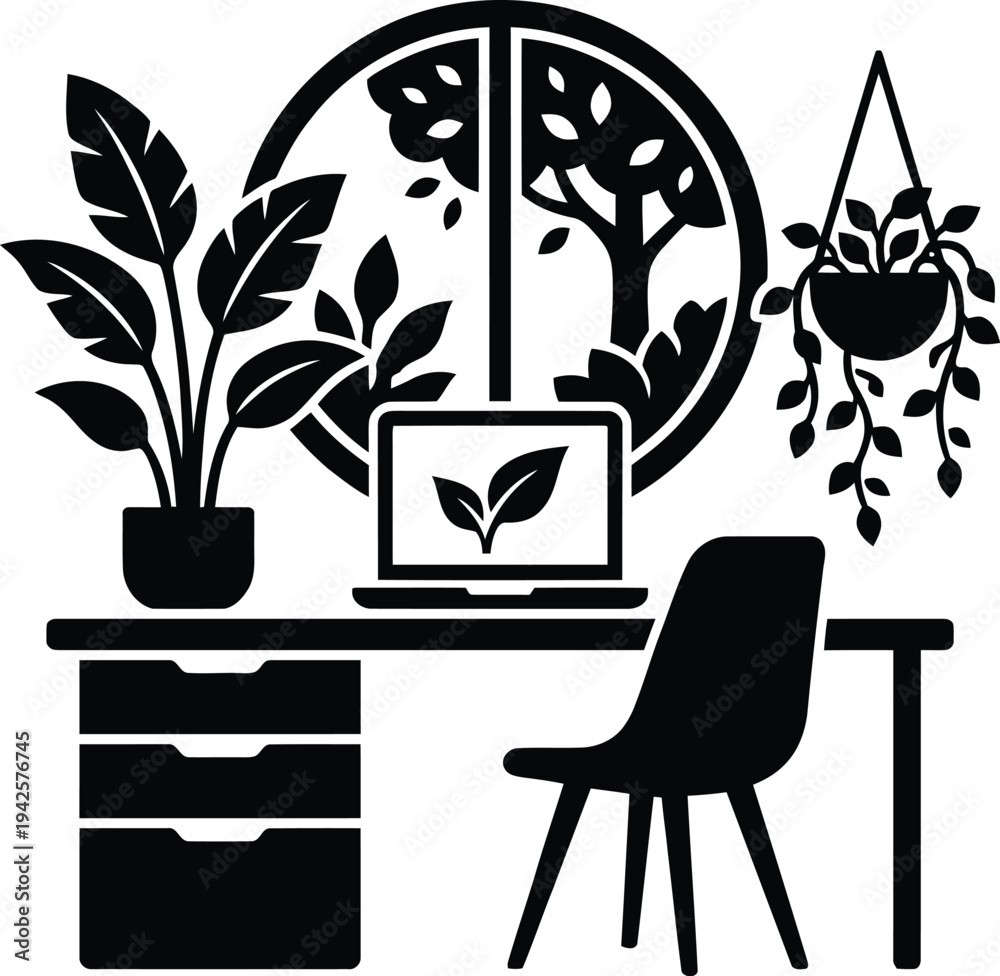 Fototapeta premium Green Office and Wellness Workspace Minimalist Silhouette Icon