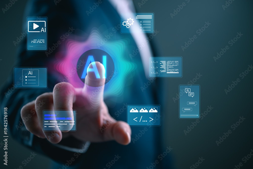 Fototapeta premium Person touching AI interface with glowing digital icons, artificial intelligence technology, automation, data processing, coding systems and future innovation in modern digital transformation.