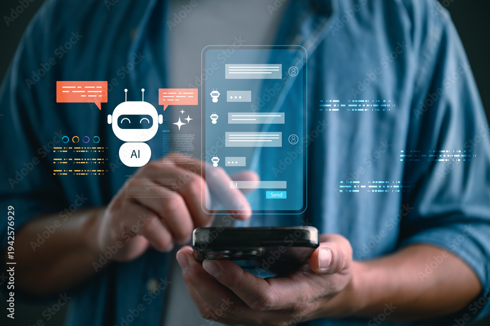 Fototapeta premium Man using smartphone with AI chatbot interface, virtual assistant messages. Concept of artificial intelligence communication, customer support automation, digital technology, smart mobile interaction.