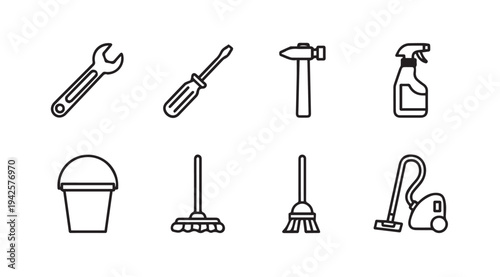 Set of repair and cleaning tools icons: wrench screwdriver hammer bucket mops vacuum cleaner spray bottle