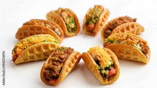 Delicious Mini Tacos Arranged in a Circle on a White Background, Close-Up