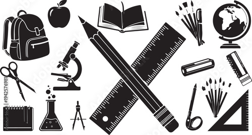 School Supplies and Education Icons in Black and White