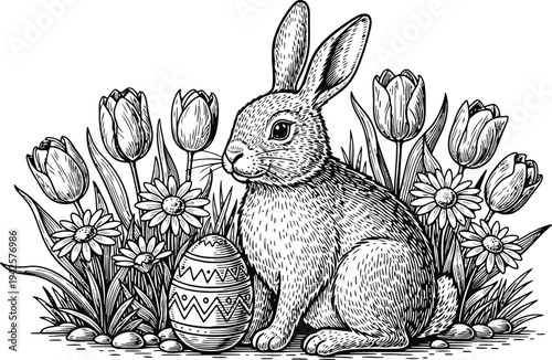 Easter Bunny With Decorated Egg And Tulips In Meadow