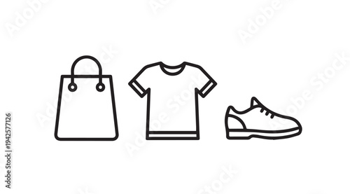 Shopping Bag T-Shirt and Sneaker Icons Lined Up Together on White Background