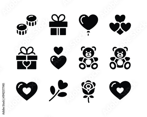 A collection of black icons featuring hearts, gifts, and teddy bears on a white background, symbolizing love and affection.