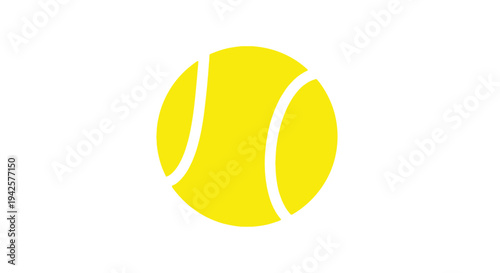 A bright yellow tennis ball with curved white lines on a white background