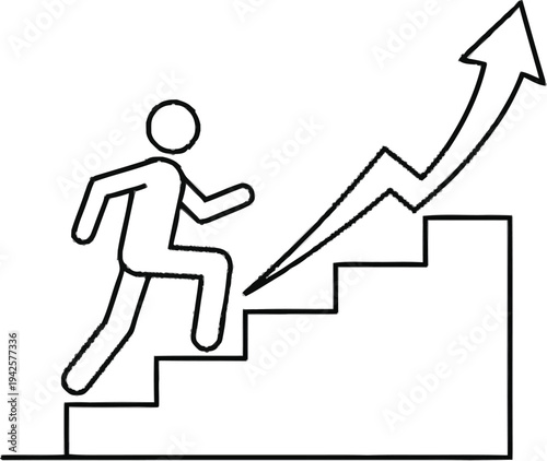 Business progress and career advancement concept with stick figure climbing stairs toward upward growth trend arrow