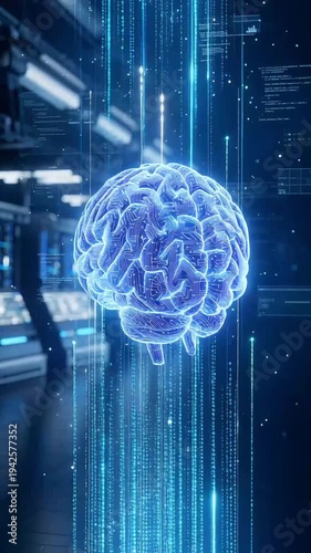 Futuristic Neon Brain Surrounded by Digital Data Streams in a Dark Sci-Fi Environment