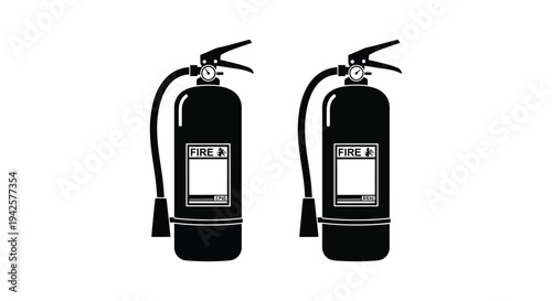 Two black and white illustrations of fire extinguishers with hoses and gauges