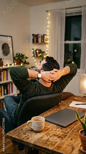 Relaxed individual enjoying a peaceful moment at a cozy home office with warm lighting and greenery