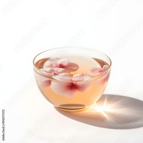 Transparent glass cup filled with floral infused tea and floating blossoms. a calming beverage scene representing wellness, natural ingredients, relaxation, and aesthetic drink presentation.