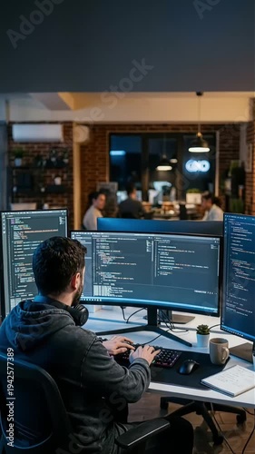 Programmer Using Multiple Monitors in a Modern Office Space with Colleagues Working Nearby