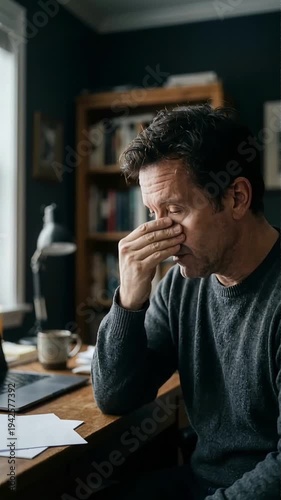 Closeup of Stressed Man in Intimate Setting with Paperwork and Coffee Capturing Emotions of Overwhelm