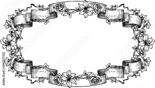 Floral Banner Oval Frame with Roses and Lilies Vector