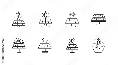Solar Panel Icons Collection Sun Energy Technology Renewable Power Systems Clean Electricity Generation