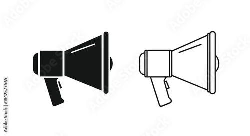 Two black and white illustrations of vintage megaphone speakers
