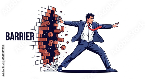 Man Breaking Through Brick Wall.