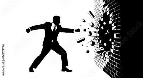 Man Breaking Through Brick Wall.