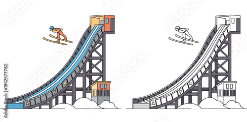 Ski jumping winter sport vector illustration. Athlete jumping from high ramp in color and black and white line art outline design.