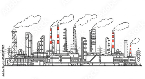 Industrial Factory Complex with Smokestacks.