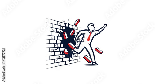 Man Breaking Through Brick Wall.