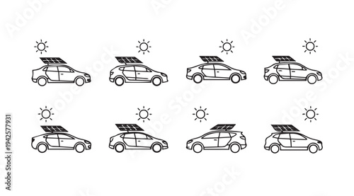 Solar Powered Cars Collection Icons Sun Energy for Electric Vehicles Clean Transport Concept