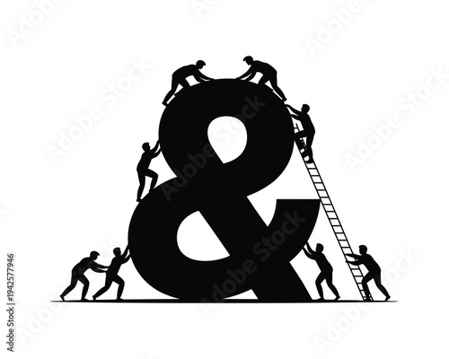 A group of people working together to build a large ampersand symbol