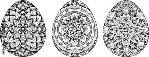 Ornate Easter Eggs with Mandala Patterns Black and White Vector