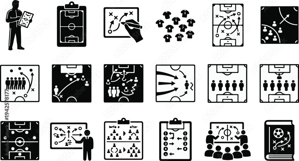 Fototapeta premium Soccer Coach Strategy Tactics And Football Team Formation Icon Set
