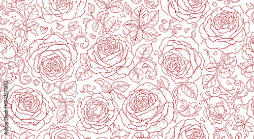 Red Rose Floral Pattern Vector Outline Seamless Background