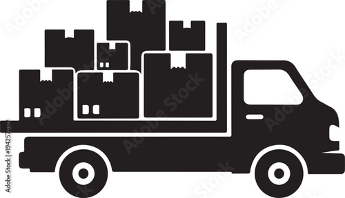 Black truck carrying boxes and cargo