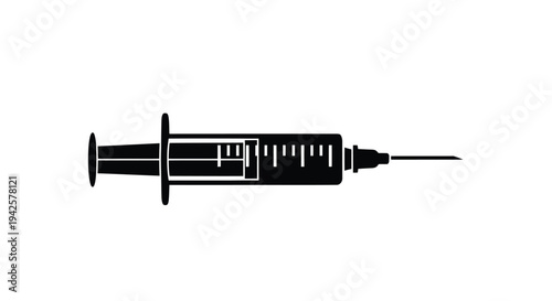 A black silhouette of a medical syringe against a white background