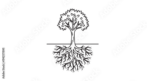 Stylized Tree with Visible Roots and Foliage Minimalist Line Art Stock Illustration