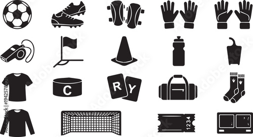 Soccer football equipment and match day accessories icons set