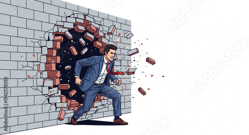 Man Breaking Through Brick Wall.