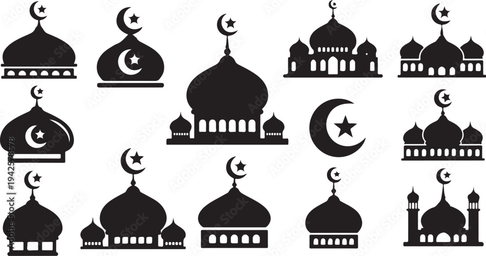 Fototapeta premium Islamic Mosque Silhouette Icons with Crescent Moon Symbols