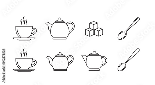 Tea Set Icons: Cups Teapots Sugar Cubes SpoonsLine Art Vector