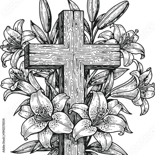 Wooden Cross With Lilies Vector Illustration Religious Symbol