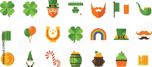 Saint Patricks Day Icon Set Featuring Shamrock, Leprechaun, Irish Flag, Beer Mug, Horseshoe, Rainbow, Pot of Gold and Festive Irish Symbols