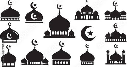Islamic Mosque Silhouette Icons with Crescent Moon Symbols
