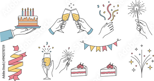 Birthday Party Celebration Elements Cake Champagne Confetti Vector Illustration Set