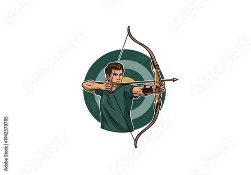 Male archer aiming a bow and arrow at a target, in a stylized illustration